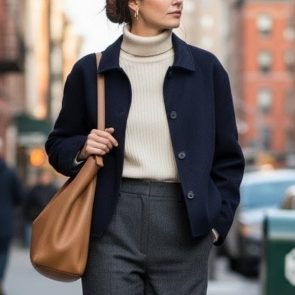 COS Navy Wool Blend Cropped Boxy Jacket Coat Size L - Picture 1 of 8